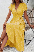 Delia | Floral Wrap Midi Dress Short Sleeve Black White V-Neck — Yellow
