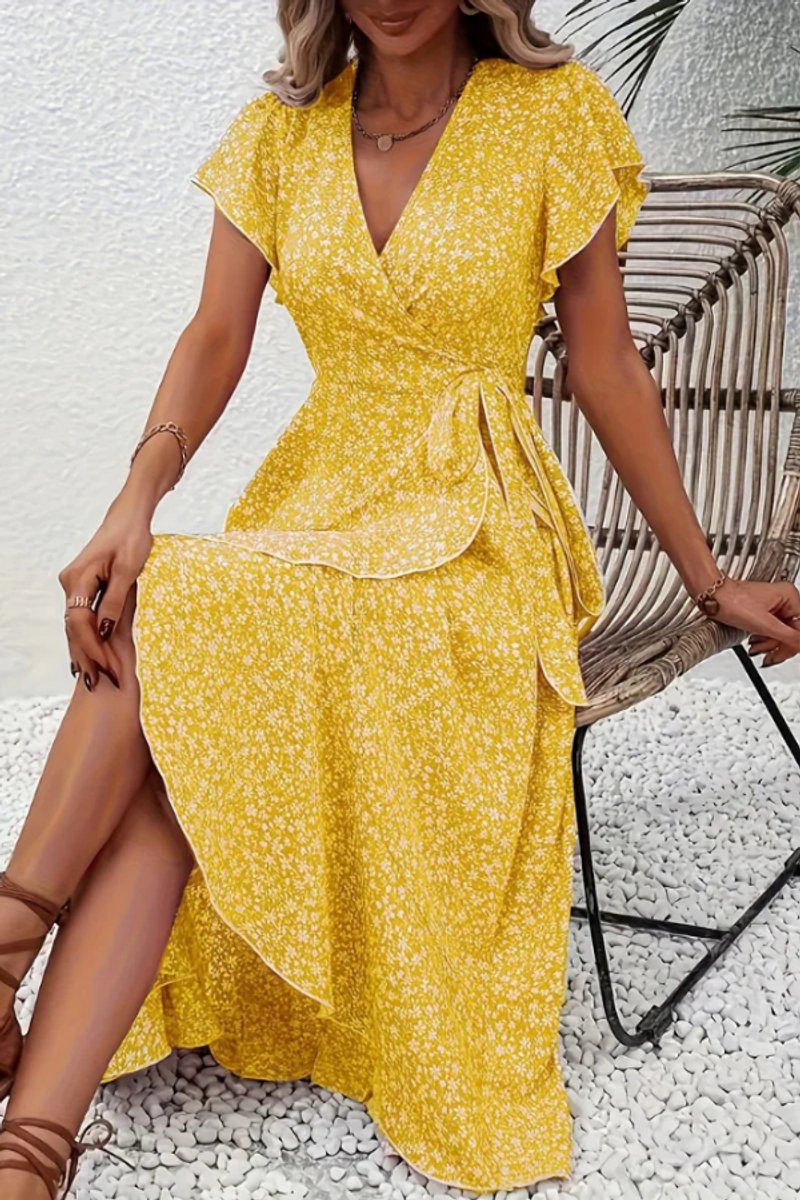 Delia | Floral Wrap Midi Dress Short Sleeve Black White V-Neck — Yellow