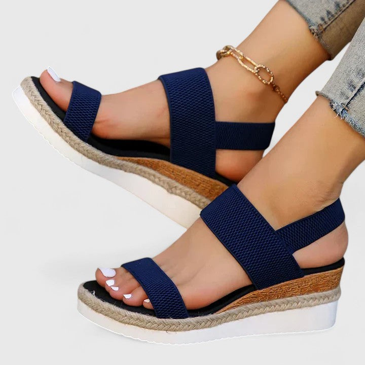 Violaine | Silver Flat Low Mid Heel Bridal Sandals — Blue